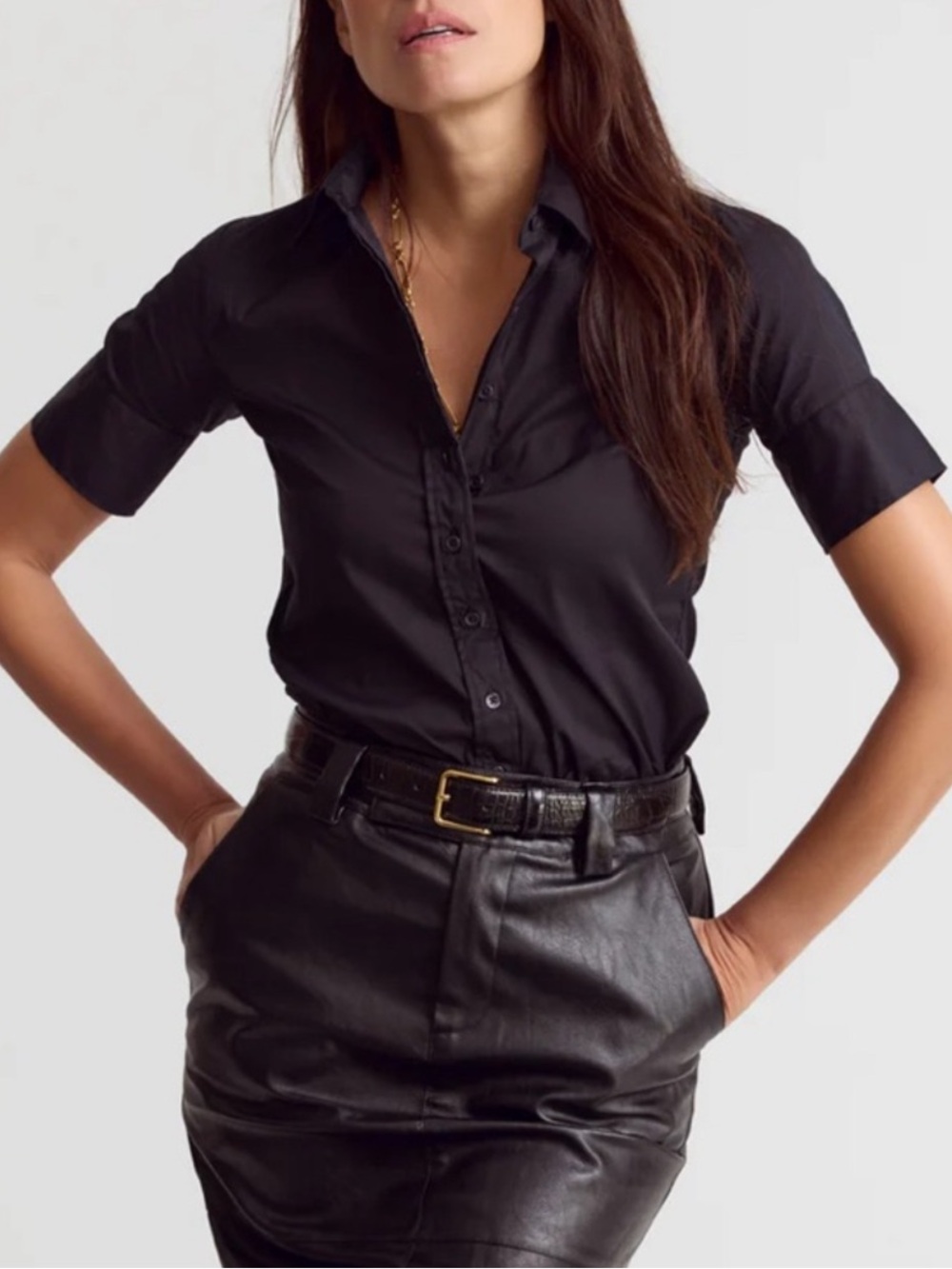 The Shirt by Rochelle Behrens Black Collared Button-Up Short Sleeve Dress Shirt